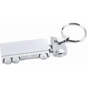 A silver keychain shaped like a truck, featuring detailed wheels and a keyring attachment.
