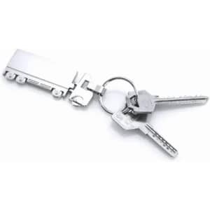 A silver keychain featuring a truck design and two keys attached. It has a shiny metallic finish.