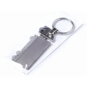 A metal keychain featuring a small, silver multi-tool with various functions, packaged in clear plastic.