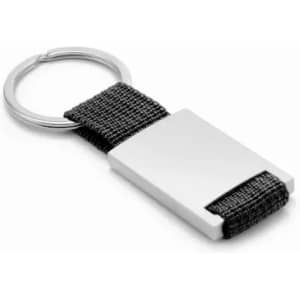 A keyring with a rectangular metal attachment and a black fabric strap, featuring a shiny silver finish.
