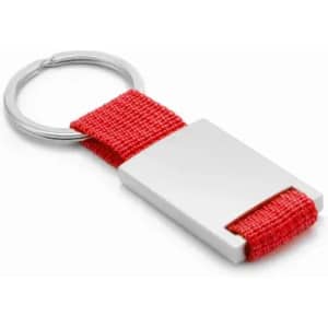 A keyring with a red fabric strap and a silver rectangular metal attachment.