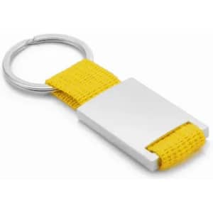 A keychain featuring a silver metal design with a yellow fabric strap. Adjusts easily for attachment.