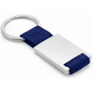 A keychain with a silver metal tag and a blue fabric strap. It includes a circular keyring attachment.