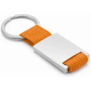 A keychain with an orange fabric strap and a silver rectangular metal pendant.