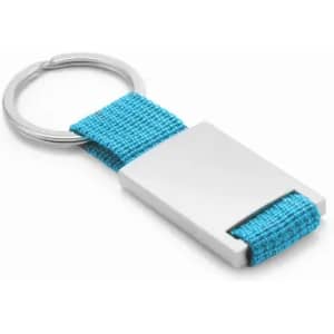 A key ring with a silver rectangular metal tag and a blue fabric strap attached.