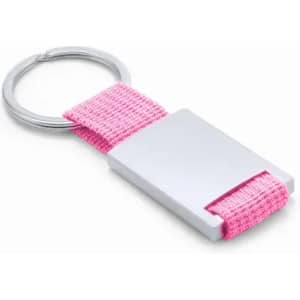 A key ring featuring a silver metal plate and a pink fabric strap. Suitable for holding keys.