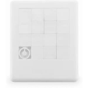 A white product featuring a grid of squares with a circular logo at the bottom left corner.
