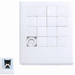 A puzzle game featuring a white grid with 16 tiles, including a character tile on the left. White colour scheme.