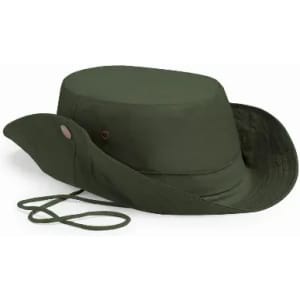 A green safari hat with a wide brim and adjustable chin strap. Features a button detail on the side.