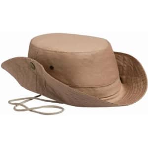 A tan safari hat with a wide brim and adjustable chin strap, featuring a rounded top and stitched detailing.
