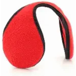 A red ear warmer made from soft fabric with a black trim, designed to cover ears for warmth.