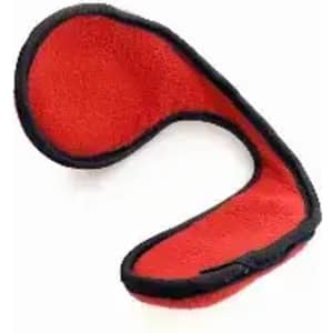 A red and black sleep mask with a soft texture, featuring a curved design. It includes a logo on one side.