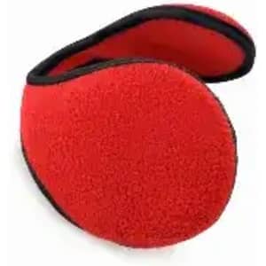 A red ear muff with a black trim, designed for warmth and comfort. The product has a soft texture and a contoured shape.