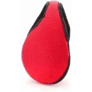 A drink bottle in a unique teardrop shape, featuring a bright red cap and black body. It includes a logo.