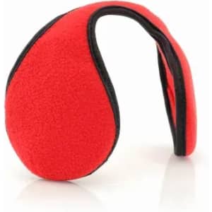 A pair of red ear warmers featuring a soft, fleece texture and a black trim.