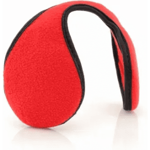 A red pair of ear muffs with a black trim, designed for warmth and comfort.
