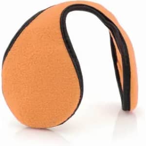 A pair of orange fleece ear warmers with a black trim, designed for cold weather.