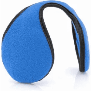 A blue ear warmer made of fleece, featuring a black trim and a simple, curved design.