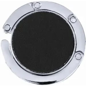 A round, metallic product with a chrome finish and a black centre. It features a clip and a smooth edge.