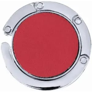A round, chrome compact with a red lip colour inside. The compact has a shiny finish with small fastening details.