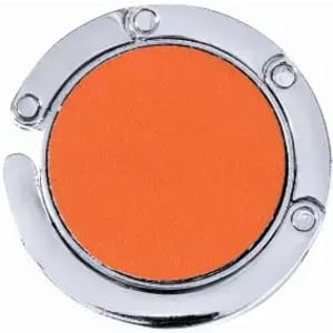 A circular orange product with a shiny silver rim and a prominent centre. The item features a simple design.