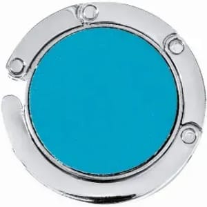 A circular, turquoise drink bottle lid with a shiny silver rim and fastening mechanism.