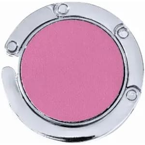A round pink compact with a shiny silver case, featuring a clasp closure.