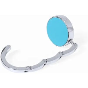 A hanger with a round blue magnet and a silver metal hook, designed for holding items.
