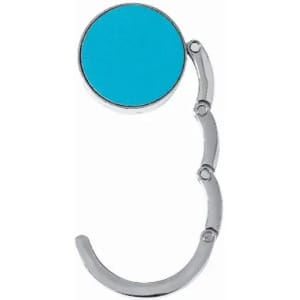 A turquoise drink bottle holder with a silver, curved arm for hanging. It features a circular top and a sleek design.
