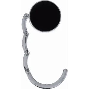 A chrome-finished bag holder with a black circular top and a curved design.