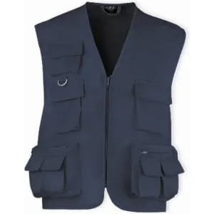A navy blue utility vest featuring multiple pockets and a front zip closure. It has an inner lining and a loop detail.