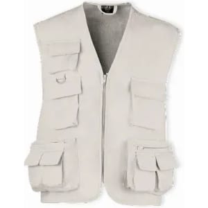 A light grey sleeveless vest featuring multiple pockets and a front zipper.