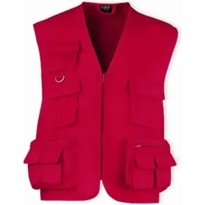A red sleeveless vest featuring multiple pockets and a front zipper. It has a simple and functional design.