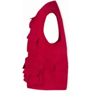 A red vest with multiple pockets and a sleeveless design, featuring a layered front.