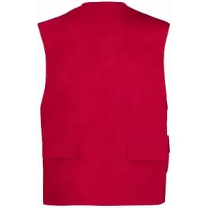 A red sleeveless vest with two pockets on the back. Features a simple design and bright colour.