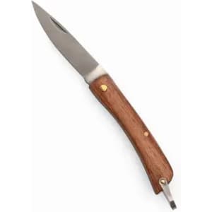 A folding knife with a stainless steel blade and a wooden handle. The handle features a gold rivet and a metal loop.