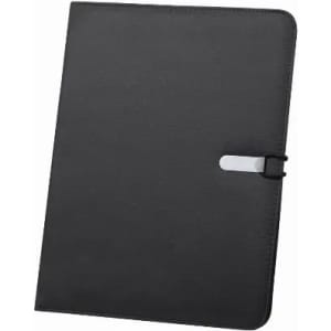 A black folder with a sleek design and a silver clasp. It features a smooth texture and a professional appearance.