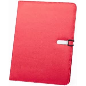 A red folder with a textured finish and a metal clasp closure, featuring a branding logo.