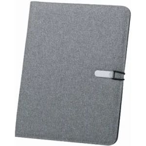 A grey folder with a textured finish and a clip closure. It features a branding logo on the front.