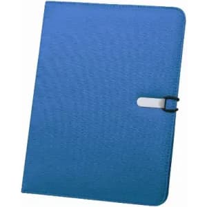 A blue folder with a textured finish and a metal clasp. It features a logo on the cover.