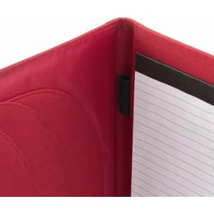A red folder with a notepad inside, featuring lined pages and a simple design.