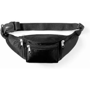 A black waist bag with multiple zippered compartments and an adjustable strap.