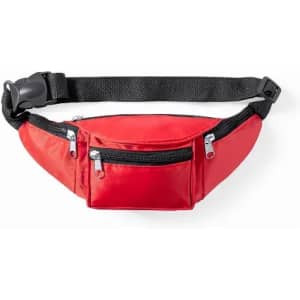 A red fanny pack with multiple zippered compartments and an adjustable strap. It features a black strap for securing.
