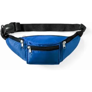 A blue fanny pack with multiple zippered compartments and an adjustable strap. It has a sleek design and a logo.