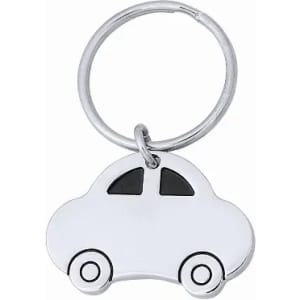 A silver keychain shaped like a car, featuring black windows and wheels. It has a metal ring for attachment.