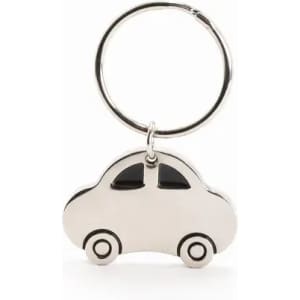 A keyring shaped like a silver car, featuring black windows and wheels, attached to a metal keyring.