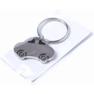 A keyring in the shape of a silver car, attached to a metal ring and presented on a clear backing.