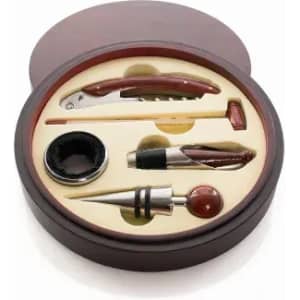 A gift set featuring a corkscrew, wine stopper, pourer, pen, and hammer in a round wooden box with cream padding.