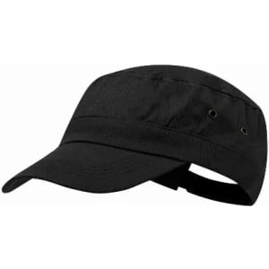 A black cap with a curved peak, featuring ventilation eyelets and an adjustable strap at the back.
