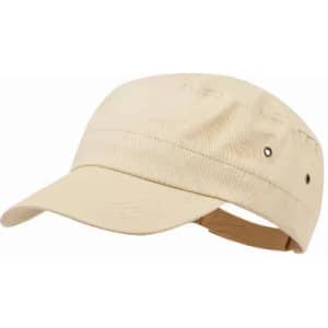 A beige cap with a flat brim and adjustable strap at the back, featuring ventilation holes.